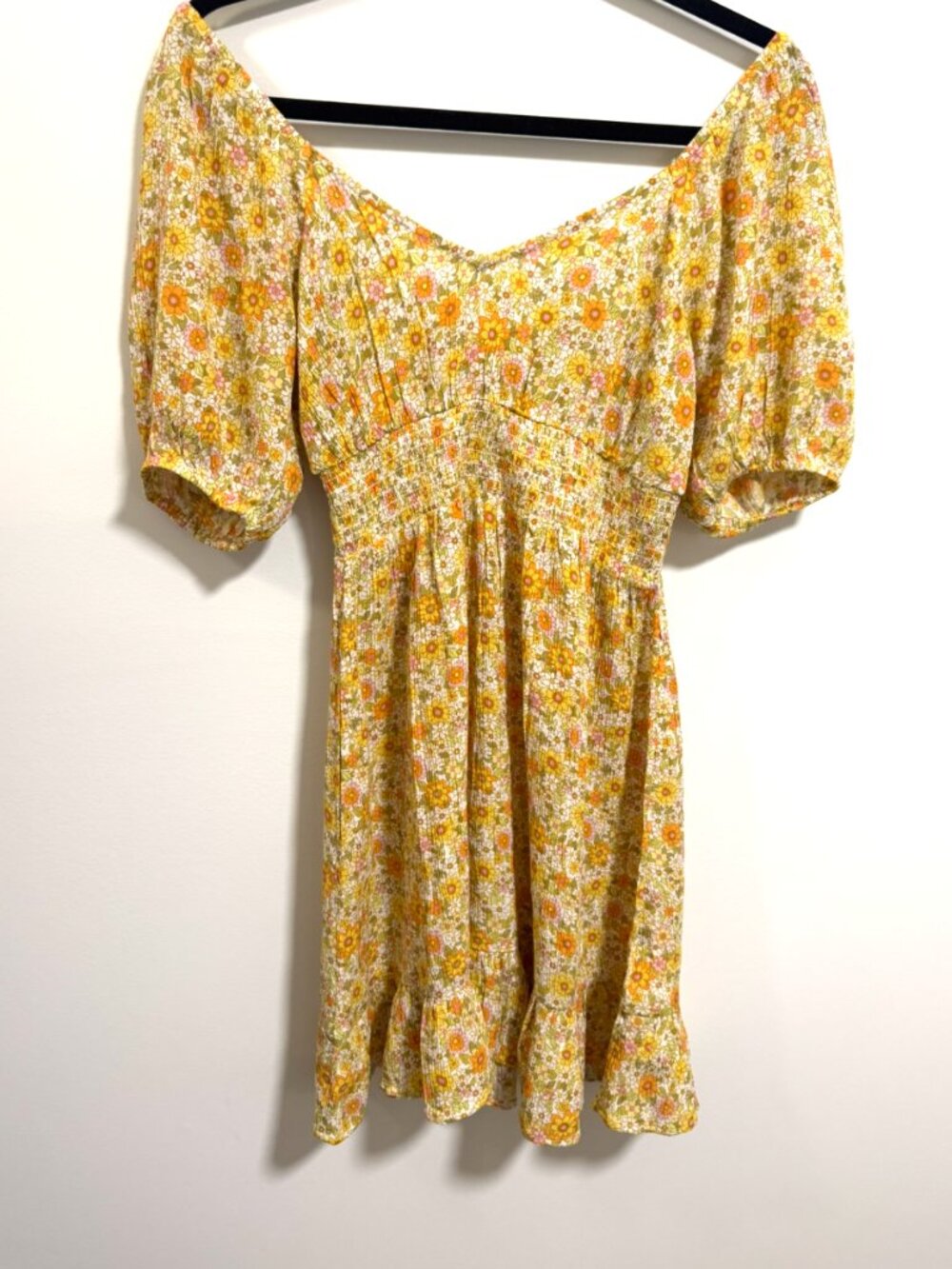 Billabong Yellow Floral Puff Sleeve Mini Dress Size Small